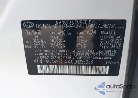 2020 Hyundai Santa Fe Limited 2.0T from USA, damaged, VIN 5NMS5CAA0LH223033